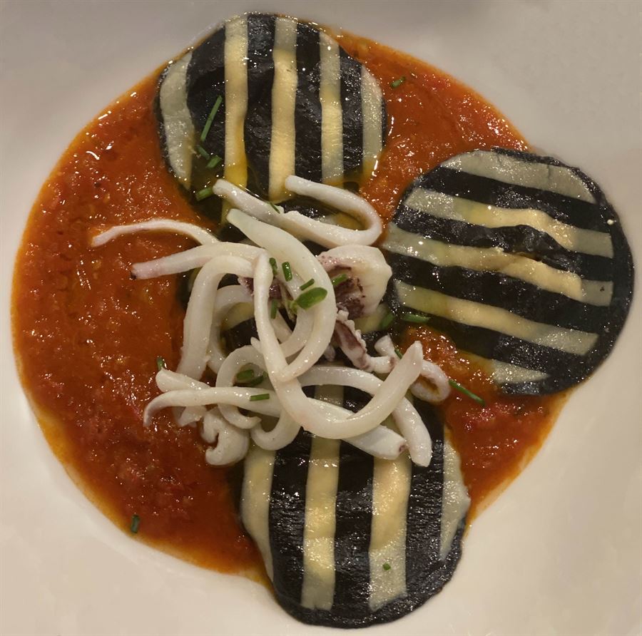 Ravioli bicolore con calamari su salsa di pomodoro